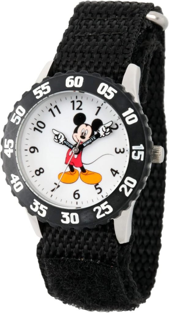 Disney Mickey Mouse Kids' Bezel Stainless Steel Time Teacher Analog Nylon Strap Watch